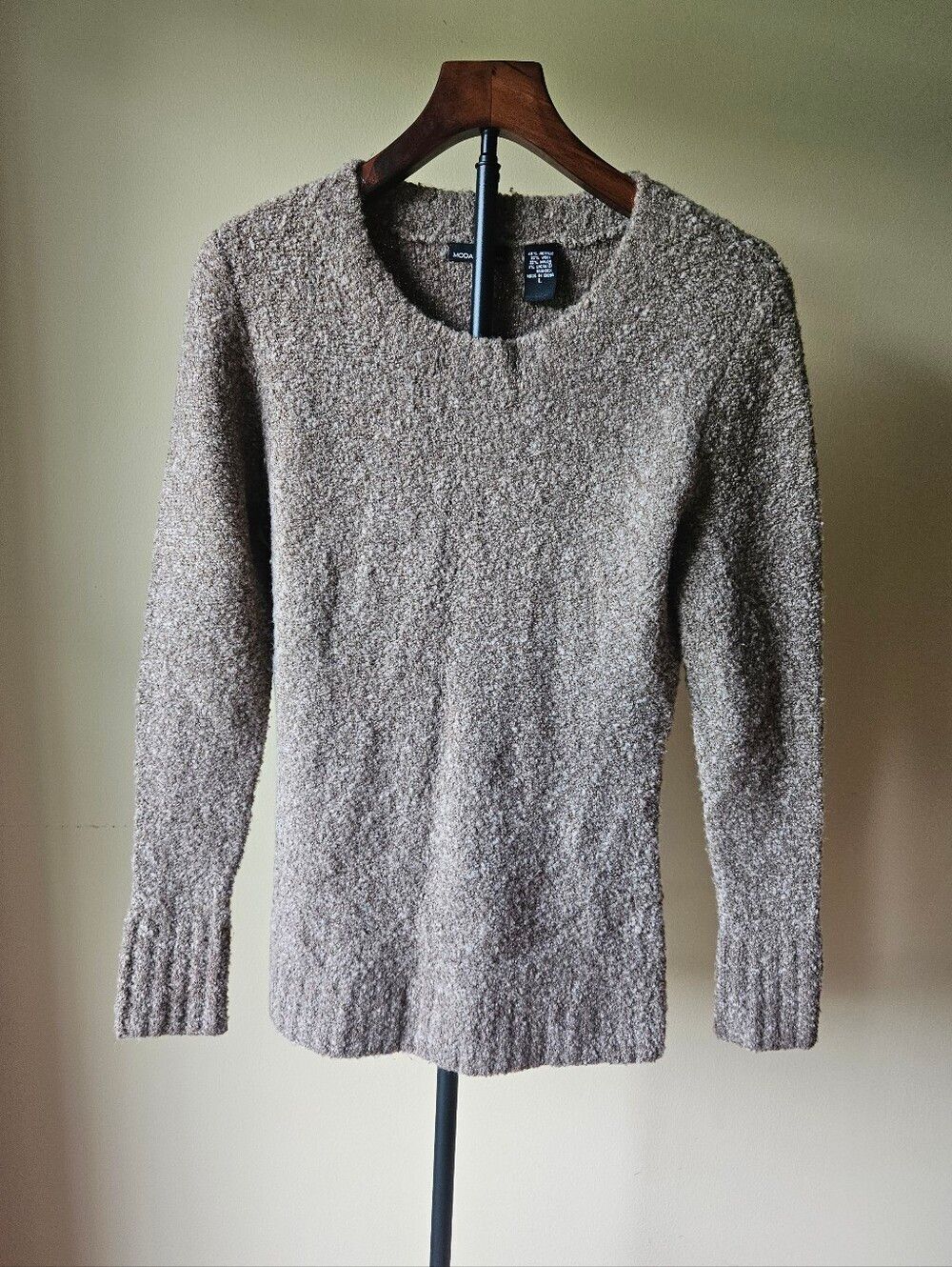 Moda International Taupe Crewneck Sweater Wool Blend Size Large